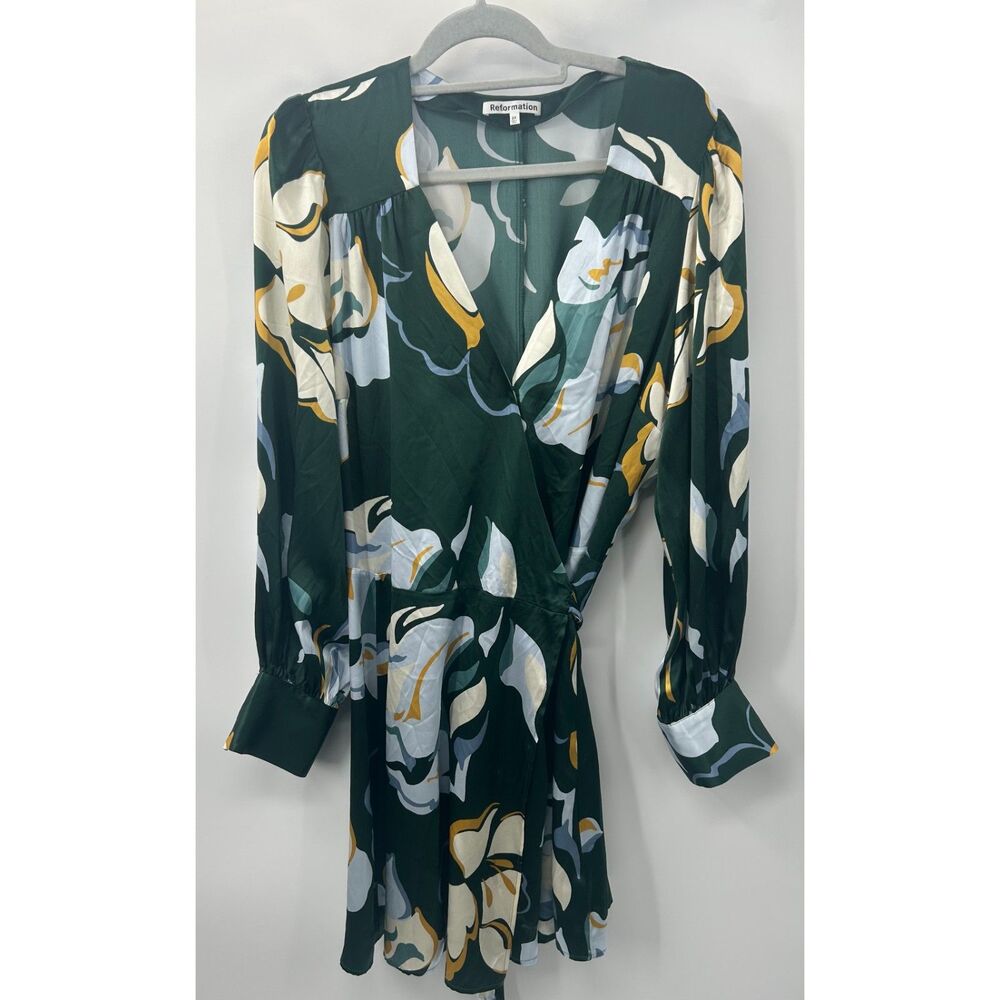 Reformation Chrisley 100% Silk Mini Wrap Dress 2X Satin Floral Green